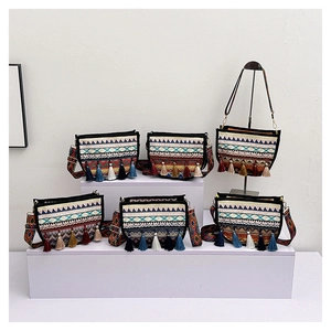 Detailed display of six Bohemian crossbody bags with fringe and ethnic straps
