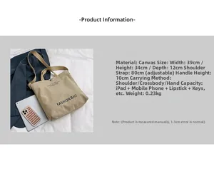 Detailed view of canvas tote bag with FASHION BAG print and 39x34x12cm size dimensions