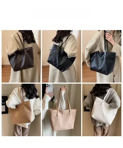 Detailed view of women woven tote bag showing large capacity and soft woven leather texture