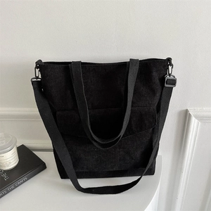 Large capacity black corduroy tote bag with adjustable shoulder strap for women