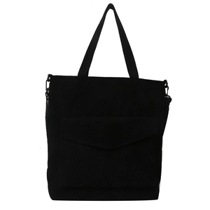 Black corduroy tote bag with large capacity and shoulder strap for daily casual use