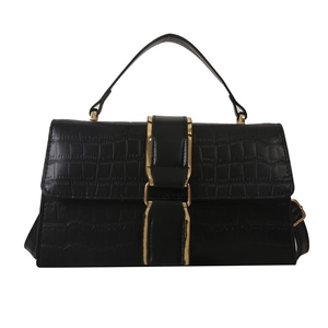 Classic black crocodile pattern leather handbag for women with golden metal lock buckle