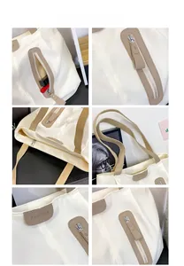 Detailed views of cream canvas tote bag with brown straps and silver hardware zippers