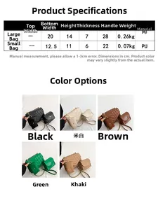 Tabella taglie per set borse in pelle PU con dimensioni e opzioni colore diverse