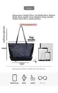Detailed size chart and capacity guide for minimalist black tote bag with dimensions