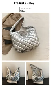 Close-up detail of silver quilted tote bag featuring metallic finish and diamond texture