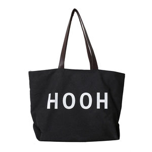 Sac fourre-tout noir minimaliste en toile avec imprimé HOOH et anses en cuir marron