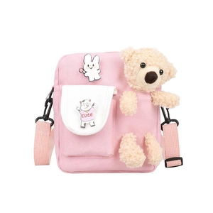 Sac bandoulière rose en toile pour fille avec un ours en peluche 3D et un lapin mignon