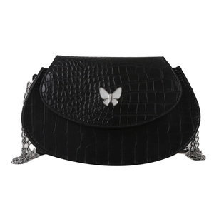 Chic black crocodile embossed mini saddle bag with silver butterfly clasp and chain strap