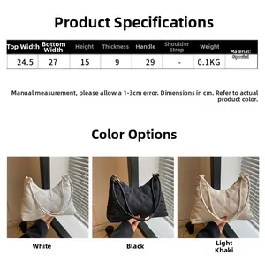 Detailed sizing chart and material specs for the quilted faux leather handbag in three colors