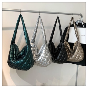 Quilted diamond lattice shoulder bags in dark green, silver, black, and champagne gold