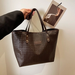 Women Woven PU Leather Tote Bag Large Capacity Shoulder Bag Casual Work Handbag Solid Color Elegant Fashion Square Bag