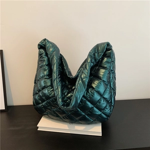 Metallic green quilted down tote bag with diamond stitching for women's winter fashion style
