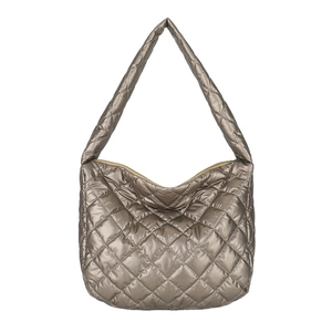 Metallic bronze quilted puffer tote bag with diamond stitching and wide shoulder strap