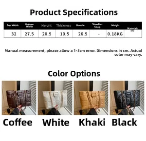 Detailed size chart for large quilted tote bag with dimensions in centimeters and colors