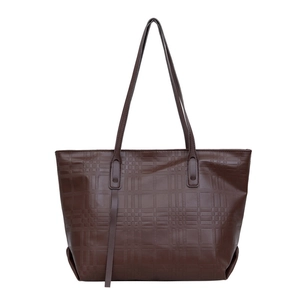 Minimalist large capacity dark brown PU leather tote bag with embossed plaid pattern