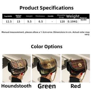 Detailed size comparison of mini plaid tweed crossbody bags with metal chain straps