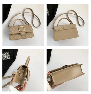 Vues détaillées du sac bandoulière beige matelassé avec boucle dorée et bandoulière