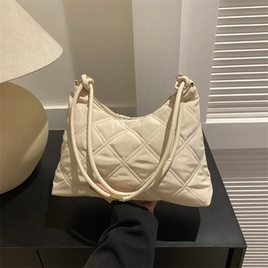 Korean Style Women Minimalist Rhombic Quilted Shoulder Bag Solid Color Underarm Bag High Density Polyester Tote For Daily Work