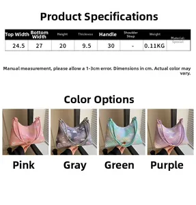 Detailed size chart and four color options for the quilted underarm baguette handbag