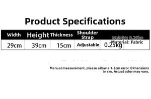 Detailed size specifications and material chart for the strawberry backpack for students
