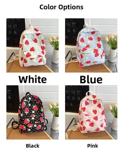 Close-up of strawberry and daisy print backpacks in white, blue, black, and pink colors