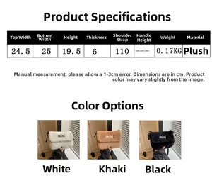 Tableau des tailles et détails techniques pour ce sac bandoulière en peluche douce