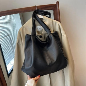 Women Minimalist PU Leather Large Tote Bag Solid Color Large Capacity Commuting Shoulder Bag Vintage Fashion Daily Handbag