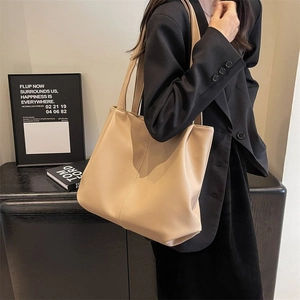 Fashionable large beige tote bag in premium PU leather with double shoulder straps