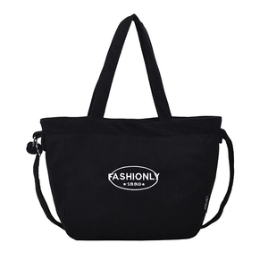 Minimalist black corduroy tote bag with Fashionly 1990 logo and drawstring detail