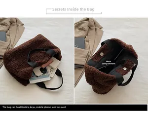 Detail view of brown teddy fleece tote bag showing spacious interior and magnetic closure