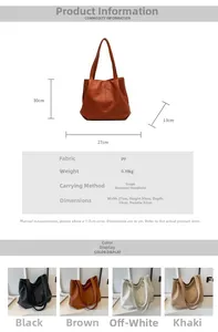 Detailed sizing chart and color guide for a large minimalist PU leather tote bag