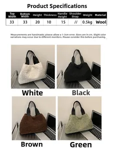 Detailed size specifications for fuzzy tote bag with dimensions and four color options