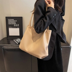 Chic beige PU leather tote bag for women, large capacity office shoulder handbag