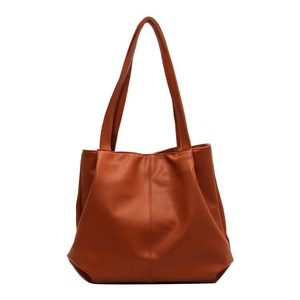 Classic caramel faux leather tote bag with vintage lychee texture and vertical stitching