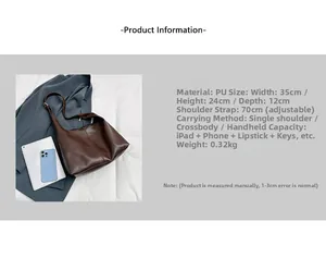 Detailed view of brown PU leather tote with dimensions 35x24x12cm and adjustable strap