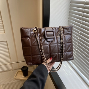 Fashion Women Quilted Tote Bag PU Leather Rhombic Pattern Large Capacity Shoulder Bag Urban Casual Handbag With Chain Strap