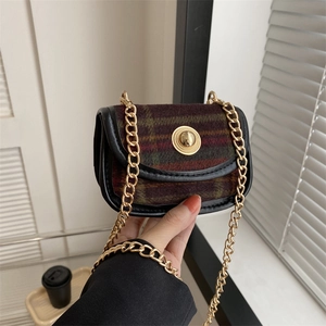Women's Mini Plaid Woolen Crossbody Bag Retro Contrast Color Chain Square Shoulder Bag With Gold Buckle Fashion Flap Purse