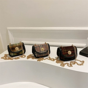 Mini vintage plaid tweed crossbody bags with gold chains in three classic color patterns