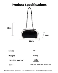 Detailed view of black PU leather bag with white faux fur trim and size measurements