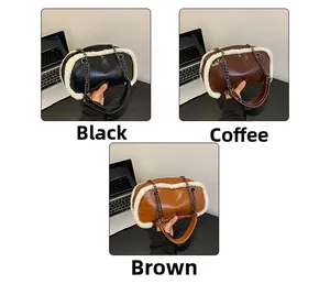Three color variants of plush-trimmed faux leather bags featuring metal chain shoulder straps