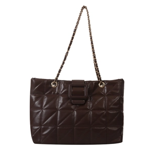 Quilted dark brown large tote bag with metal chain strap and decorative buckle for women