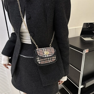 Mini vintage plaid tweed crossbody bag with gold chain strap and metal rotary buckle