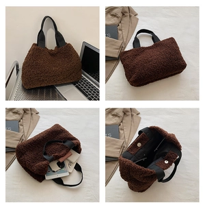 Detail of plush coffee teddy faux fur tote bag with magnetic closure and inner zip pocket