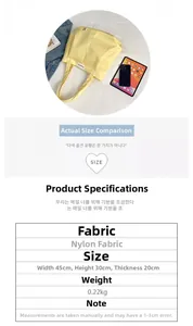 Detail view of lightweight yellow nylon tote bag showing large capacity and dimensions