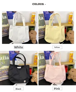 Collage of four large canvas tote bags in white, yellow, black, and pink colors