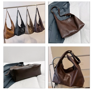 Detailed views of vintage large capacity leather tote bags in four classic autumn colors