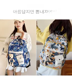 Detail of multi-pocket camouflage backpack with waterproof fabric and bear keychain