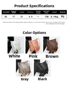 Detailed size chart and specifications for the minimalist PU tassel crossbody bag with 5 colors