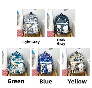 Detailed grid view of camouflage school backpacks in five colors with plush bear charms